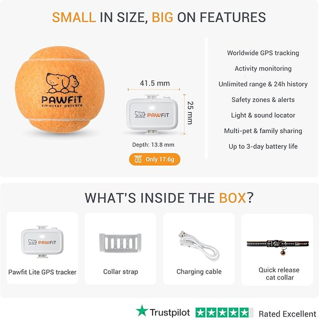 Pawfit Lite for Cats 4g GPS Tracker | Ultra-Small (<18g) Design | Real-Time Tracking | Activity Monitoring