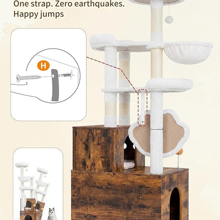 Heybly Cat Tree with Litter Box Enclosure, Modern 162cm Hidden Cat Tower for Indoor Cats, All-in-One Solid Wood Cat Condo with Paw-Shaped Board, Multi-Level Perch & Playzone, Rustic Brown HCT105SR