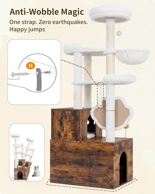 Heybly Cat Tree with Litter Box Enclosure, Modern 162cm Hidden Cat Tower for Indoor Cats, All-in-One Solid Wood Cat Condo with Paw-Shaped Board, Multi-Level Perch & Playzone, Rustic Brown HCT105SR