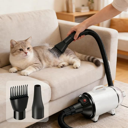 Pet Hair Dryer & Vacuum for Dogs and Cats 2-in-1, Dryer for Dogs Pet Grooming, 2200W High-Speed Blower with Adjustable Temperature, Low Noise, 4 Nozzles & De-Shedding Brush
