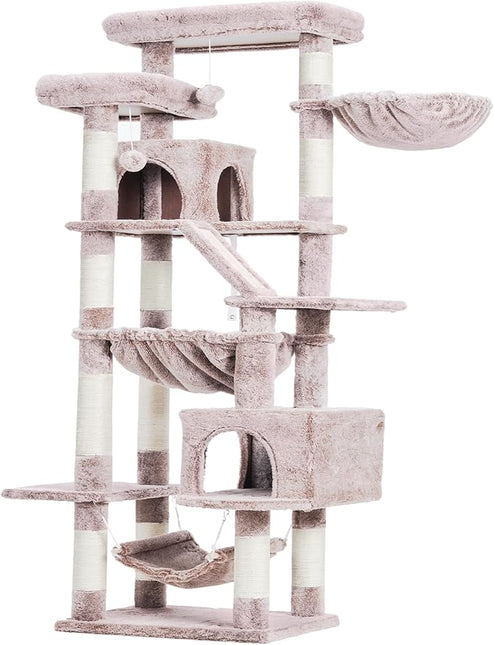Heybly Cat Tree, 180cm Tall Tower for Indoor Cats with 2 Perches, 2 Big Condos, 2 Hammocks, Basket, Mushroom