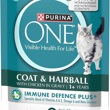 PURINA ONE Adult Wet Cat Food Coat and Hairball with Chicken in Gravy Pouch 24x70g