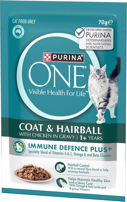 PURINA ONE Adult Wet Cat Food Coat and Hairball with Chicken in Gravy Pouch 24x70g