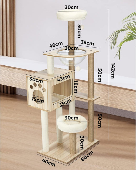Cat Tree with Cat Scratching Post Pole Sisal Scratcher Cat Tower Dens Condo Kitty Dens Activity Stand Safe Hideaway 142cm Height,Beige