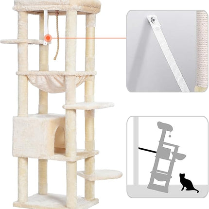 Heybly HCT050M Beige Cat Scratching Post with Blankets for Large Cat Scratching Post Large Platforms Cave 50 x 50 x 153cm