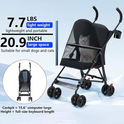 Pet Stroller with Mesh Ventilation, Lightweight Foldable Design, Black