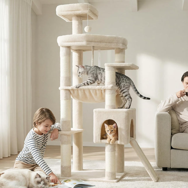 Heybly 64.2" Heavy-Duty Cat Tree for Large Cats, Extra-Large Hammock, Beige