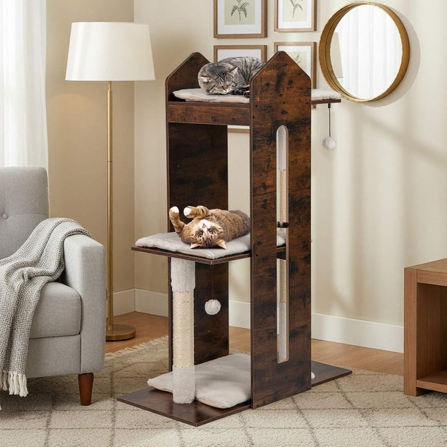 Costway 120 CM Modern Cat Tree for Indoor Cats, Wooden Kitten Tower Cat Condo w/Sisal Scratching Posts, Hanging Balls, Removable Washable Plush Cushions, Perch, Multi-Level Pet Climbing Furniture
