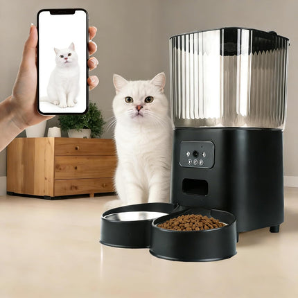YODOLLA Auto Cat Feeder with 2K Camera, 5L Cat & Dog Feeder & Food Dispenser, WiFi App Remote Control, Video Monitoring, Custom Meal Plans, Double Stainless Bowl for Multi-Pet Households