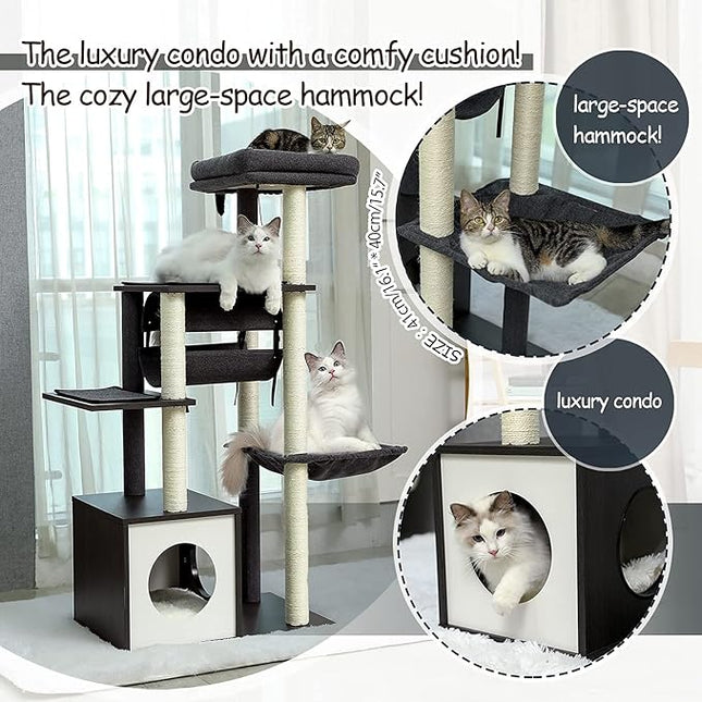 PAWZ Road Cat Tree Cat Scratching Post with a Large Hammock Play Tower, Play Tunnel Wooden Furniture Cat Stand 130cm Grey