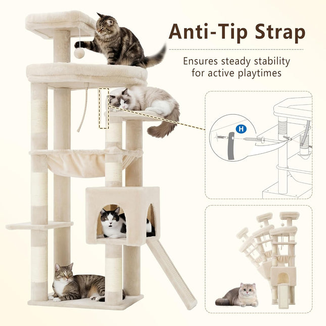Heybly 64.2" Heavy-Duty Cat Tree for Large Cats, Extra-Large Hammock, Beige