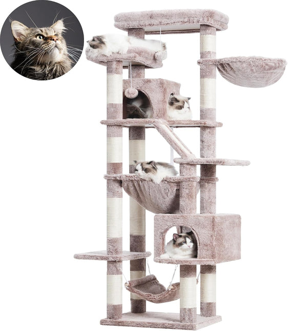 Heybly Cat Tree, 180 cm-Tall Tower for Indoor Cats with 2 Perches, 2 Big Condos, 2 Hammocks, Mushroom