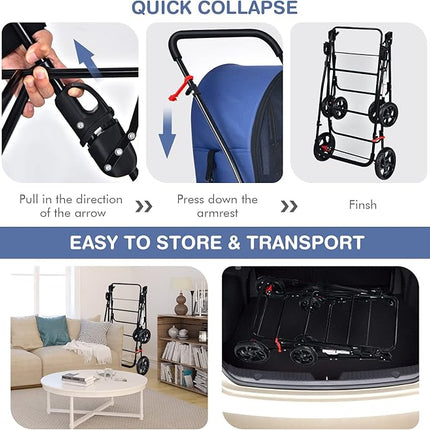 4-in-1 Double Layer Pet Stroller, Foldable Cat Dog double Stroller on Wheels w/ 2 Detachable