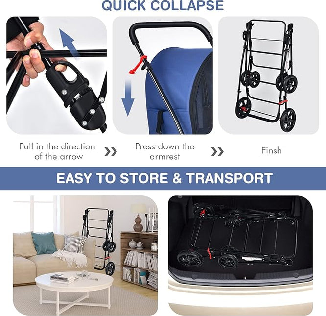 4-in-1 Double Layer Pet Stroller, Foldable Cat Dog double Stroller on Wheels w/ 2 Detachable
