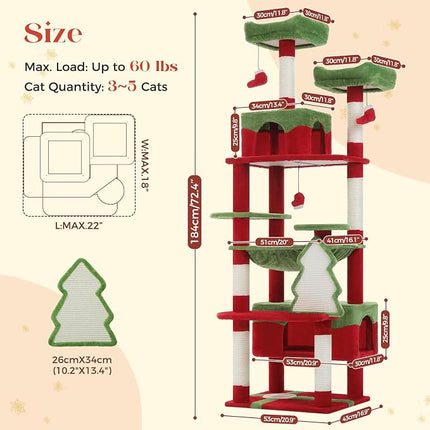 PAWZ Road Christmas Cat Tree, 72" with Big Condo, Hammock & Xmas Scratcher