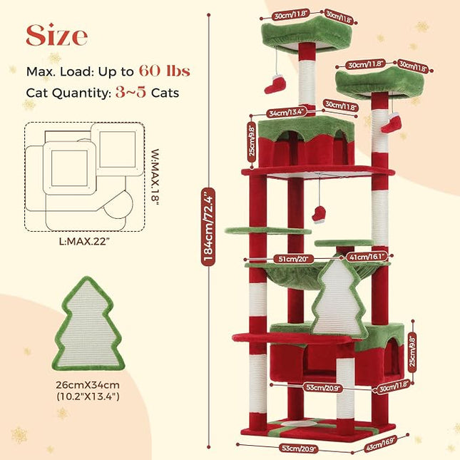 PAWZ Road Christmas Cat Tree, 72" with Big Condo, Hammock & Xmas Scratcher