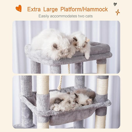 Heybly HCT050W Cat Scratching Post with Blankets for Large Cat Tree Large Platforms Cave 50 x 50 x 153cm Light Grey