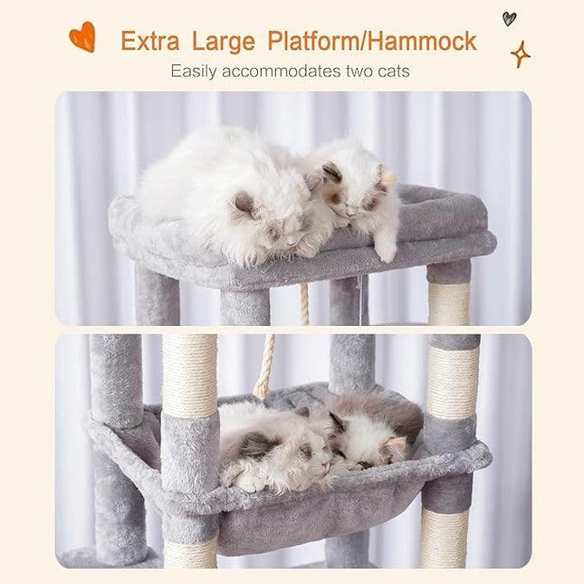 Heybly HCT050W Cat Scratching Post with Blankets for Large Cat Tree Large Platforms Cave 50 x 50 x 153cm Light Grey