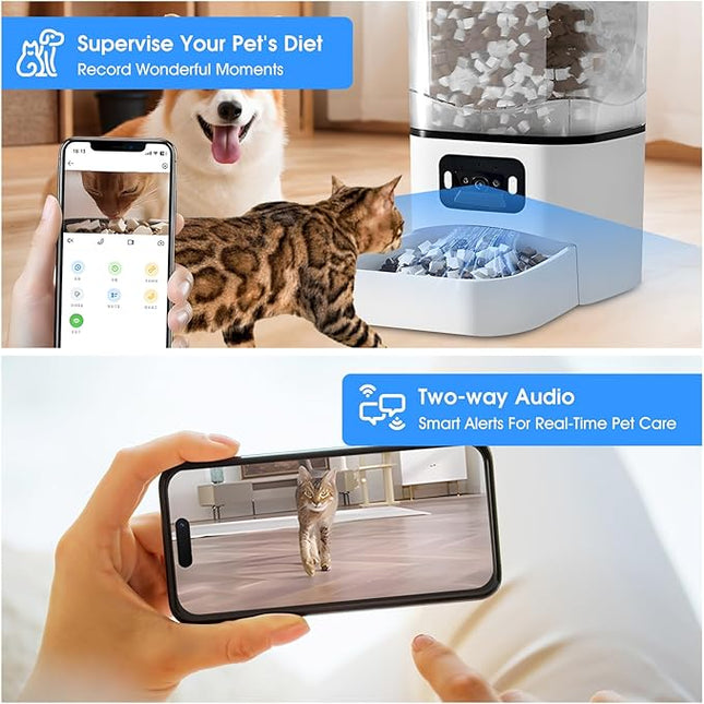 Automatic Cat Feeder with Camera, 6L Smart Food Dispenser for Cats and Dogs，Large Cat Food Storage Container App Control, 1080p HD Video, Two-Way Audio
