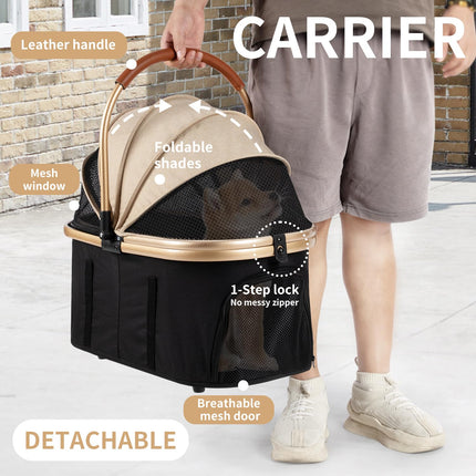 3 in 1 Pet Stroller with 4 Wheels, Foldable Pet Travel Carrier for Small/Medium Dogs Cats up to 50lbs, Detachble Portable Cat Bag, Storage Basket