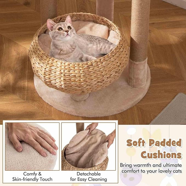 Costway Cat Tree, 164cm Cattail Cat Tower w/Jute Scratching Posts, Basket Bed, Adult Cats