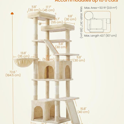 Feandrea Large Cat Tree, 72.6" Tall Sturdy Cat Tower for Indoor, Beige