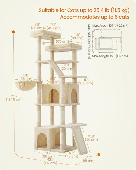 Feandrea Large Cat Tree, 72.6" Tall Sturdy Cat Tower for Indoor, Beige