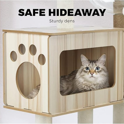 Cat Tree with Cat Scratching Post Pole Sisal Scratcher Cat Tower Dens Condo Kitty Dens Activity Stand Safe Hideaway 142cm Height,Beige