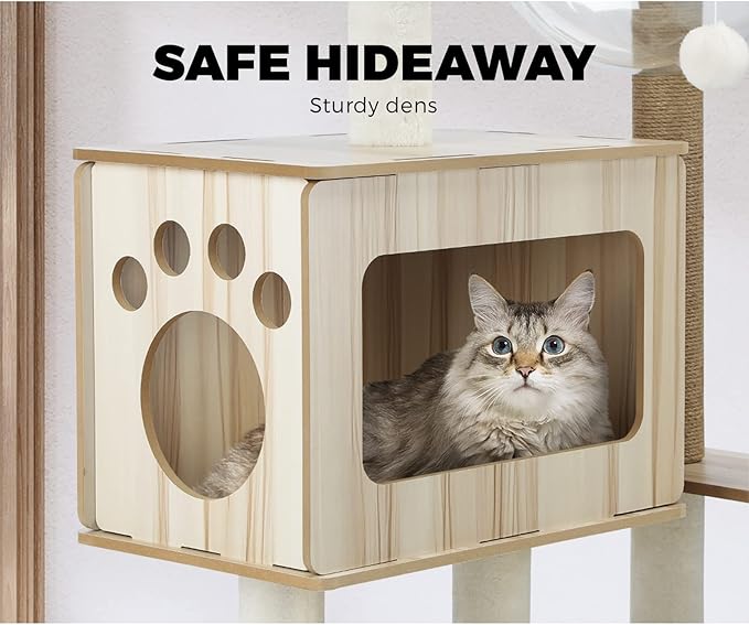 Cat Tree with Cat Scratching Post Pole Sisal Scratcher Cat Tower Dens Condo Kitty Dens Activity Stand Safe Hideaway 142cm Height,Beige