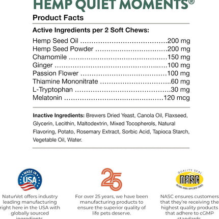 NaturVet Quiet Moments Calming Plus Hemp Dog Supplement - 180 Soft Chews