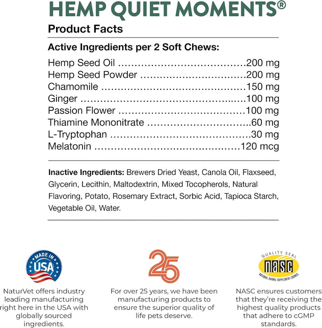 NaturVet Quiet Moments Calming Plus Hemp Dog Supplement - 180 Soft Chews