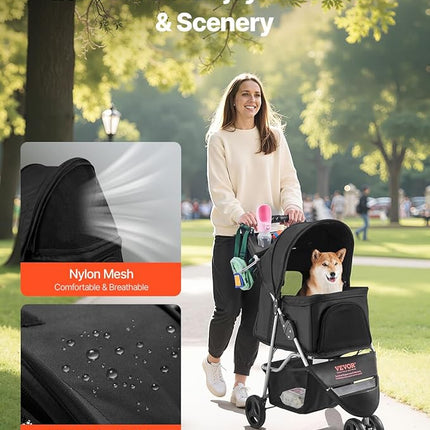 VEVOR Pet Stroller, 35 lbs Weight Capacity, Foldable Dog Stroller Cart, 3 Wheels Cats Strollers with Mesh Windows and Cup Holders