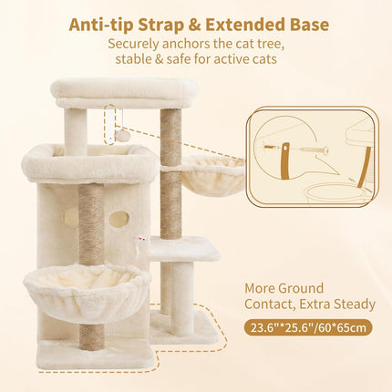 Heybly Cat Tree with Reinforced Big Base, 105cm Sturdy Cat Tower for Indoor Cats, Beige