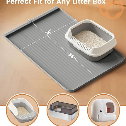 Cat Litter Mat 36x24 Inch, Silicone Litter Box Mat with Raised Edge and Diversion Groove, Waterproof Litter Trapping Mat, Easy to Clean Cat Mat for Litter Box, Grey