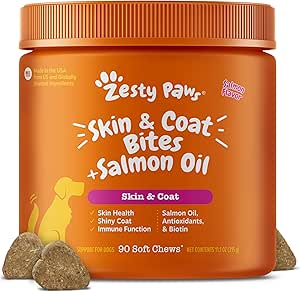 Zesty Paws Salmon Fish Oil Omega 3 For Dogs - With Wild Alaskan Salmon Oil - Anti Itch Skin & Coat + Allergy Support - Hip & Joint + Arthritis Dog Supplement - Omega-3 & 6 + Epa & Dha - 90 Chew Treats