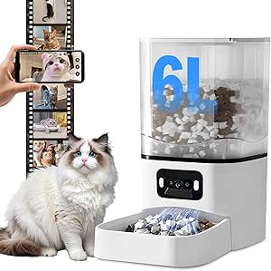 Automatic Cat Feeder with Camera, 6L Smart Food Dispenser for Cats and Dogs，Large Cat Food Storage Container App Control, 1080p HD Video, Two-Way Audio