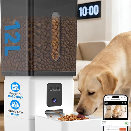 Large Breed Automatic Dog Feeder: 12L/50 Cups 5G WiFi Timed Dog Food Dispenser for Labrador - with HD 1080P Camera, Anti-Clog by Wnfuo