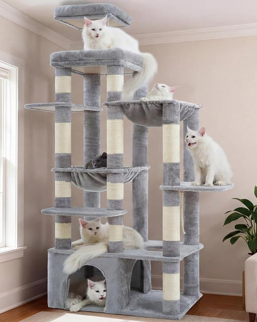 Heybly Cat Tree, 71-Inch Tall Cat Tower for Large Maine Coon Cats HCT037W | Light Gray