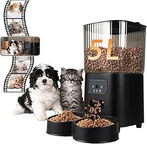 YODOLLA Auto Cat Feeder with 2K Camera, 5L Cat & Dog Feeder & Food Dispenser, WiFi App Remote Control, Video Monitoring, Custom Meal Plans, Double Stainless Bowl for Multi-Pet Households