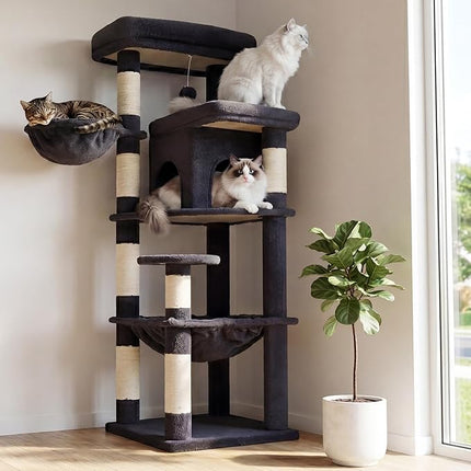 Heybly Cat Tree, 56" Multi-Level Easy Climb Tower for Large Cats HCT028G | Cat Furniture with 2 Perches, Cozy Hammock, Spacious Condo & Cat Basket, Durable Sisal Scratching Posts, Smoky Gray