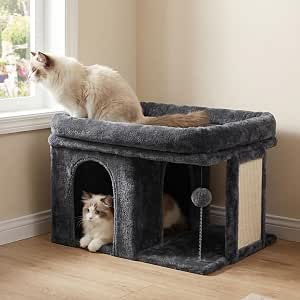 2+ Heybly Cat Tree, 14 inch Cat Tower with Large Perch Bed and Cat Condo for Indoor Cats Large Adult, Cat House with Scratching Posts and Interactive Spring Balls for Your Kittens, Smoky Gray