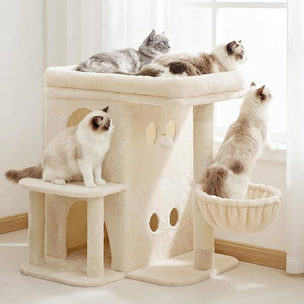 Heybly Cat Tree, 65cm Cat Tower with Spacious Top Perch for Large Cats, Beige
