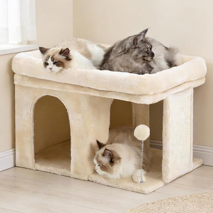 Heybly Cat Tree, 14" Cat Tower with Large Cat Bed & Condo HCT203SM | Cat Furniture for Indoor Cats Large Adult and Kittens, Beige