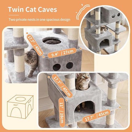 Heybly Floor to Ceiling Cat Tree, Large Cat Tower, 2 Cat Condos,Light Gray
