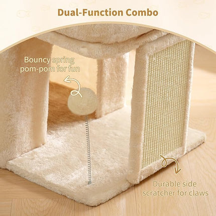 Heybly Cat Tree, 14" Cat Tower with Large Cat Bed & Condo HCT203SM | Cat Furniture for Indoor Cats Large Adult and Kittens, Beige