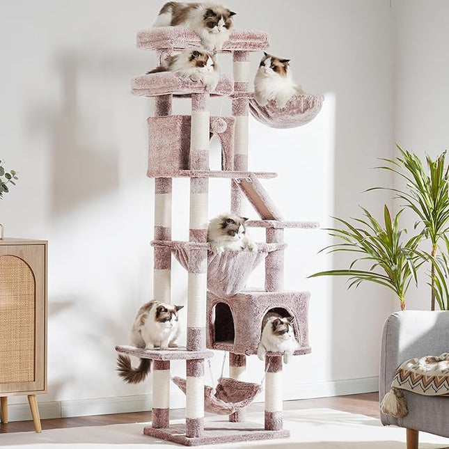 Heybly Cat Tree, 180 cm-Tall Tower for Indoor Cats with 2 Perches, 2 Big Condos, 2 Hammocks, Mushroom