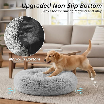 Calming Dog Bed for Dog & Cat - Donut Washable Puppy Bed with Ultra-Plush Support, Fluffy Faux Fur Plush Cushion Beds for Small Medium Dogs (70CM)