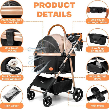 Dog Cat Stroller for Small/Medium Pets up to 50 lbs, 3-in-1 Foldable Pet Stroller with Detachable Carrier, Car Seat, Storage Basket, Cup Holder, Hanging Bag, Rain Cover, All-Terrain 4 Wheels (Khaki)