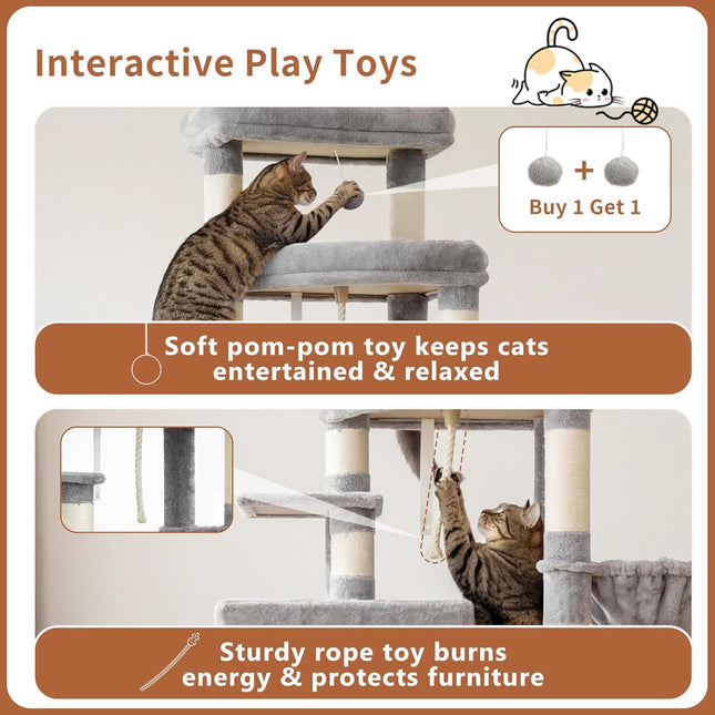 Heybly Cat Tree, 188cm Streamlined Cat Tower for Large Cats with 3-Tier,Light Gray