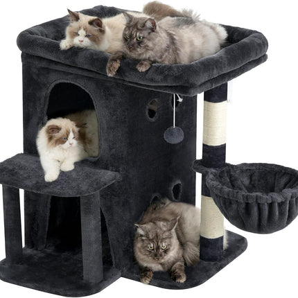 Heybly 26.3" Cat Tree for Large Cats with Big Perch & Dual Condos HCT204SG | 26.3-inch Spacious Cat Tower with Scratching Posts, Stair-Style Cat House Furniture with Cozy Basket & Pompom, Smoky Gray